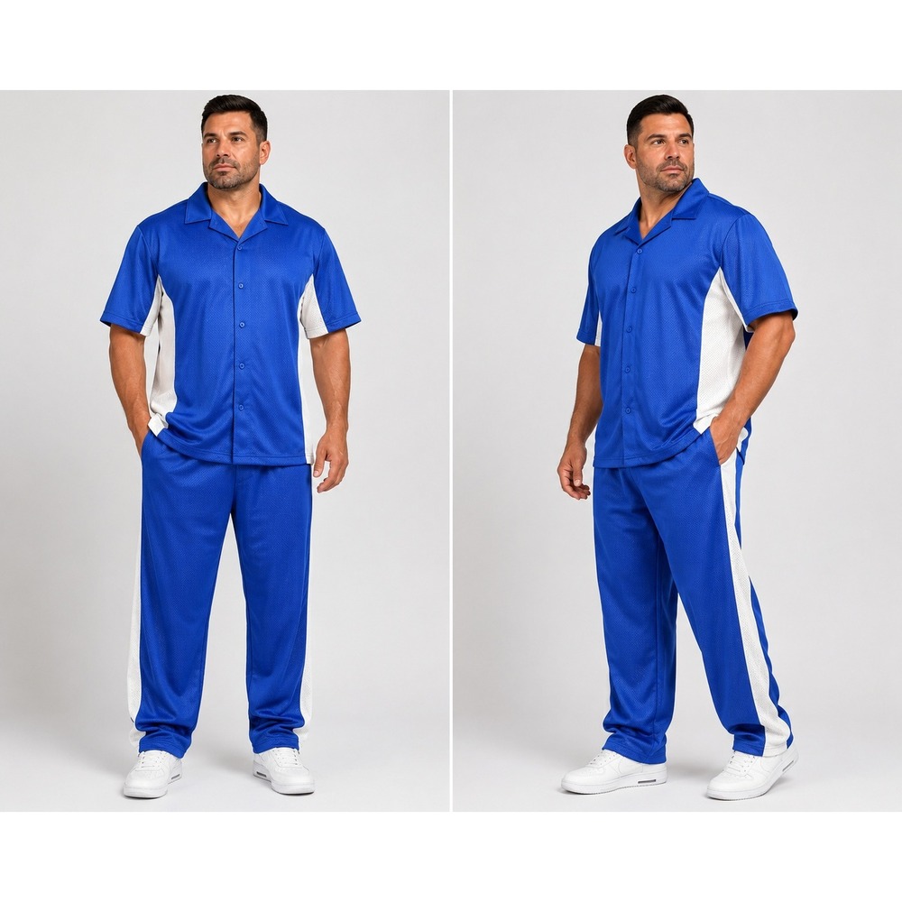 Linea Uomo Mens Mesh Track Suit Royal Blue White 2 Piece Set Shirt Pants XL